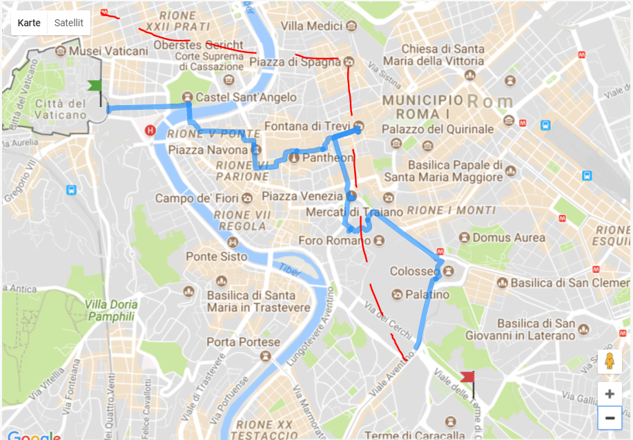 Rom zu Fuß Karte: Blau ist der Fußweg und führt an den Sehenswürdigkeiten vorbei. Die gestrichelte Rote Linie zeigt die optionale U-Bahn-Verbindung an. 